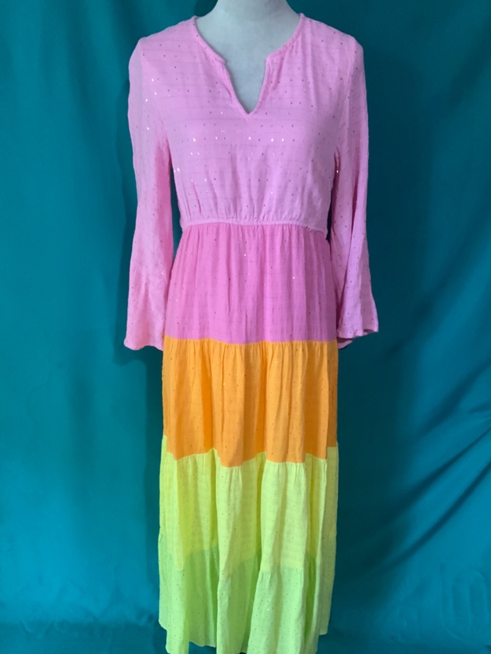 PQ SWIM LILA Women’s Colorblock Pink, Orange, Yellow, & Green Tiered MaxiDress